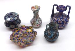 A group of five pieces of Millefiori type Art Glass, comprising two double-handled Vases, a Baluster