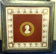 A Pewter Mounted Former Teapot Stand, inset with tile with Greco Roman design (feet missing), 9 ½”