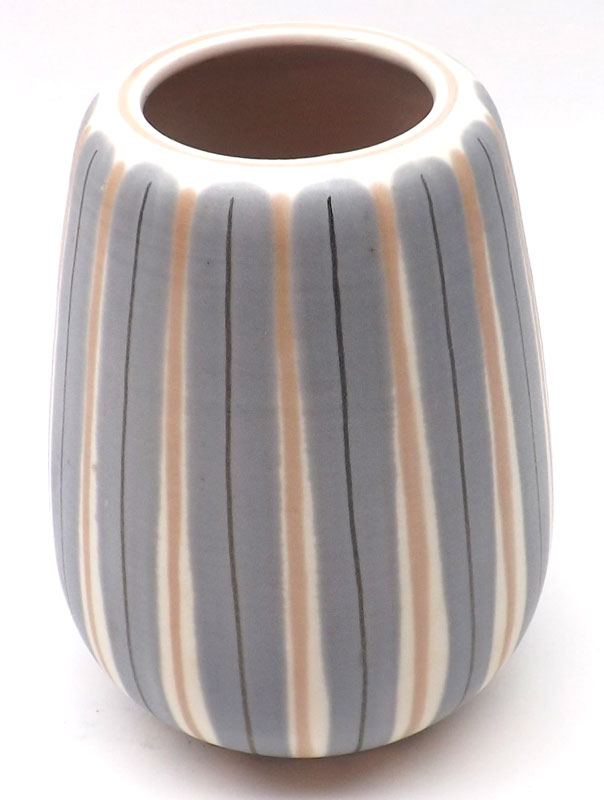 An unusual Poole Pottery Tapering Vase, decorated in a striped design in blue, black and white, 5”