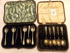 A Mixed Lot: two part Cases of Teaspoons and Sugar Tongs, various dates and makers, weight approx