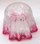 A Cranberry Clear and Frosted Glass Oil Lamp Shade of frilled design, decorated with floral