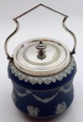 A Wedgwood Jasperware Biscuit Barrel, fitted with silver plated handle and lid, typically