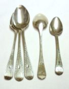 A Mixed Lot of five George III and Victorian Teaspoons with bright cut decoration, various dates and