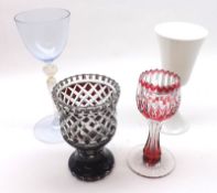 A Mixed Lot: a Milk Glass Goblet, a Bohemian Light Blue and Gilded Wine Glass on knopped stem and