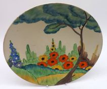 A Clarice Cliff Bizarre 9” Plate, decorated in colours with the Sandon pattern, black printed