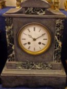 A late 19th Century Black Slate and Green Variegated Marble Mantel Clock, the architectural case