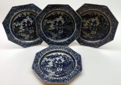 A set of four late 18th Century Octagonal Blue and White Plates, decorated with a Willow pattern