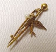 A late Victorian Pin Brooch with dove of peace mount, with pearl drop