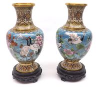 A pair of 20th Century Cloisonné Baluster Vases, well decorated in colours with cranes, foliage etc,