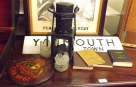A small collection of Railwayana: a Vintage Black Anodised Lamp, Yarmouth South Town Sign, three