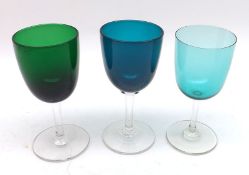 A group of ten Victorian Clear Stemmed Small Wine or Sherry Glasses, with green/turquoise bowls