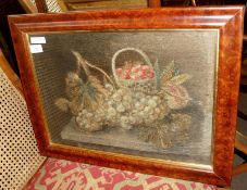 A 19th Century Rectangular Needlework Picture, a still life study of flowers, in burr walnut