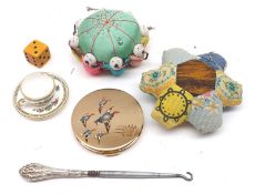 A Mixed Lot: various items to include a Miniature Coalport Cup and Saucer, Oriental Pin Cushion,