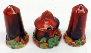 A Clarice Cliff “My Garden” Three Piece Cruet, comprises a Salt, Pepperette and Lidded Mustard,