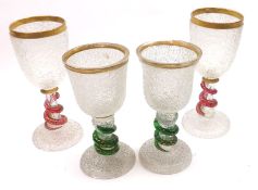 Two pairs of 20th Century Glass Goblets, Frosted Glass Goblets, decorated with gilt rims, stems with