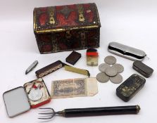 A Tin: various mixed items to include Vintage Spectacles, various Coinage, Poker Dice, Matchbox