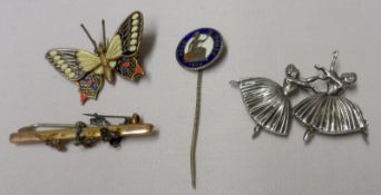 A Mixed Lot comprising: a hallmarked 9ct Gold Bar Brooch, Seed Pearl set; a gilt metal and enamelled