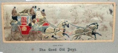 A Stevengraph “The Good Old Days” (mount possibly replaced), retains some colour, ie pale blue,