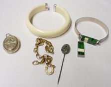 A Mixed Lot comprising: Bangles, oval Locket, Stick Pin and Belcher Bracelet