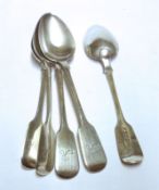 A group of five Victorian Fiddle pattern Dessert Spoons, London 1855/1857, Maker’s Mark CB, weight