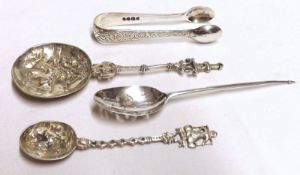 A Mixed Lot comprising: two Dutch Novelty white metal Spoons, a further 18th Century Spoon with