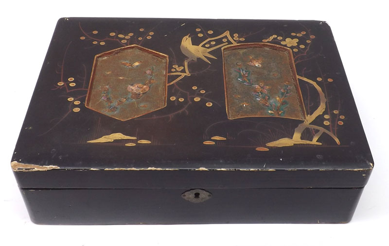 An Oriental Lacquered Box of rectangular form, the lid inset with panels of Shibayama type designs