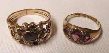 A Georgian Gold Ring featuring a shaped oval panel with centre Garnet and further Garnets and Seed