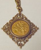 A Victorian Gold Sovereign, 1890, within a decorative hallmarked 9ct Gold lozenge-shaped Pendant