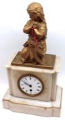 A Decorative White Marble Timepiece, crested with gilt metal figure of a praying child, over a white