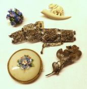 A Mixed Lot: a white metal Filigree Bracelet and Brooch; a Victorian Sentimental “Forget-Me-Not”