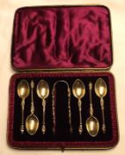 A Cased Set of Edward VII Apostle Spoons and Tongs, Birmingham 1903, total weight approx 3 oz