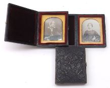Two Daguerreotype Pictures in plush-lined folding leatherette cases, depicting an elderly lady and a