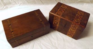 A small Victorian Walnut Tea Caddy with parquetry inlaid panels, lifting lid enclosing a fitted
