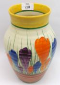 A Clarice Cliff Large Lotus Vase, decorated with a Crocus pattern, Newport Bizarre marks, 10” high