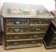 A late 19th Century Lacquered and Japanned Chest, with moulded edge over two short and three full