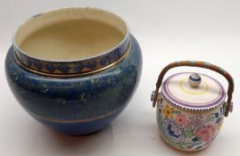 A Doulton Lambeth Jardinière, decorated with stylised floral detail on blue background; together