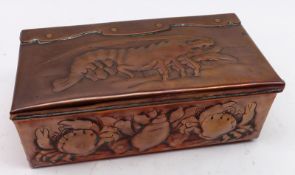 A rectangular Copper Box in The Newlyn style, decorated with crustaceans and sea-shells, (hinge