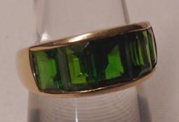 A hallmarked 9ct Gold five Baguette Green Stone Ring, pavé set