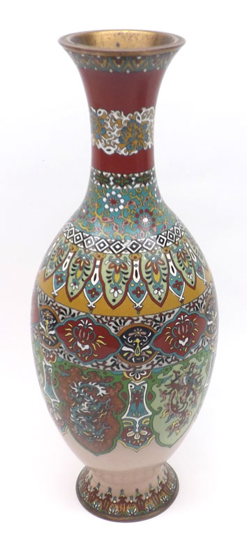 An Oriental Cloisonné Baluster Vase, brightly decorated in iron red, black, pale blue, pale green