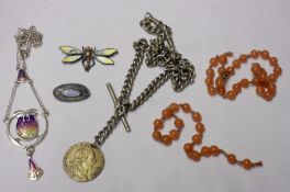 A Mixed Lot including a Double Watch Albert Chain and Fob; white metal and enamelled Butterfly