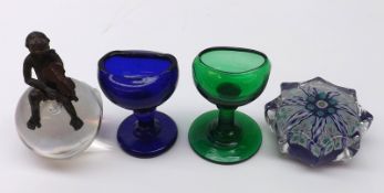 A Vintage Blue Glass Eye Bath; and a further Green Glass example; a small Globular Glass Paperweight