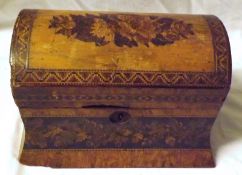 A small Tunbridge Ware Box of domed form, inlaid with panels of floral detail, the lifting lid