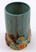 A Clarice Cliff “My Garden” Cylindrical Vase, the body with pale blue, iron red and grey Delicia
