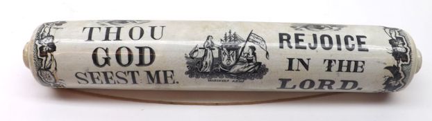 An unusual 19th Century Ceramic Rolling Pin, decorated in black and white with a central Mariners