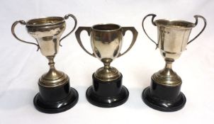 A group of three small double handled Trophy Cups, raised on round dark composition bases, various