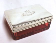 A rectangular Victorian Dressing Table Container, the lid marked with armorial crest, the base