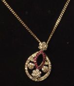 A white metal, White Sapphires and small Ruby Openwork Pendant and Chain, stamped “.925”