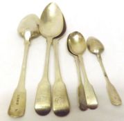 A Mixed Lot: three George III Fiddle pattern Serving Spoons and a further three Fiddle pattern