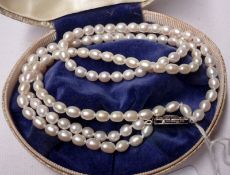 A Vintage Two Row Cultured Pearl Necklace with white metal and Marcasite clasp, 40cm long