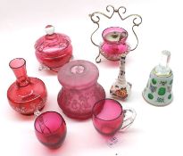 A Mixed Lot: various Cranberry Wares, comprising of small Condiment Pot in silver plated stand;